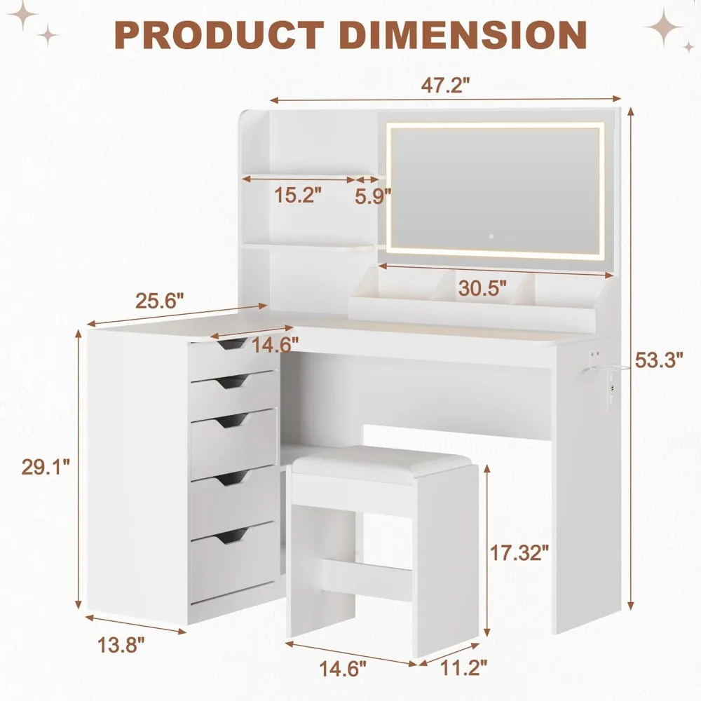 L Shape Vanity Desk Set with LED Lighted Mirror& Power Outlet, 48’’ Large Makeup Vanity with Shelves, Corner Dressing Table