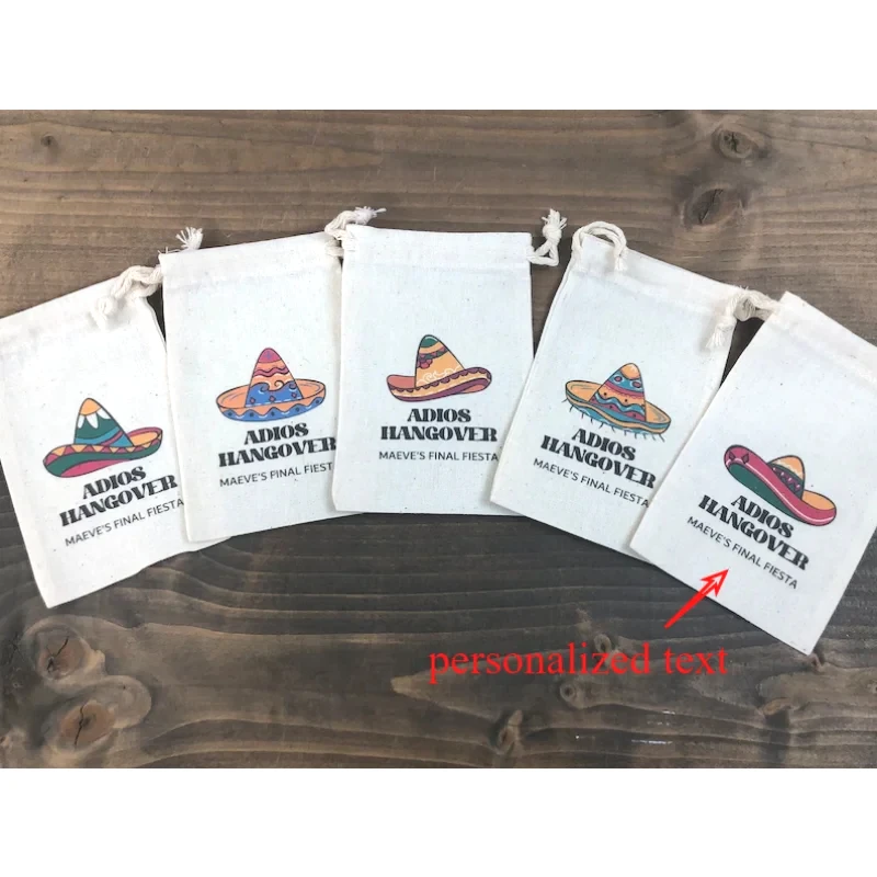 5Pcs Personalized Adios Hangover Cotton Gift Bag Custom Mexican Sombrero Fiesta Theme Recovery Kit Bags for Bachelorette Party