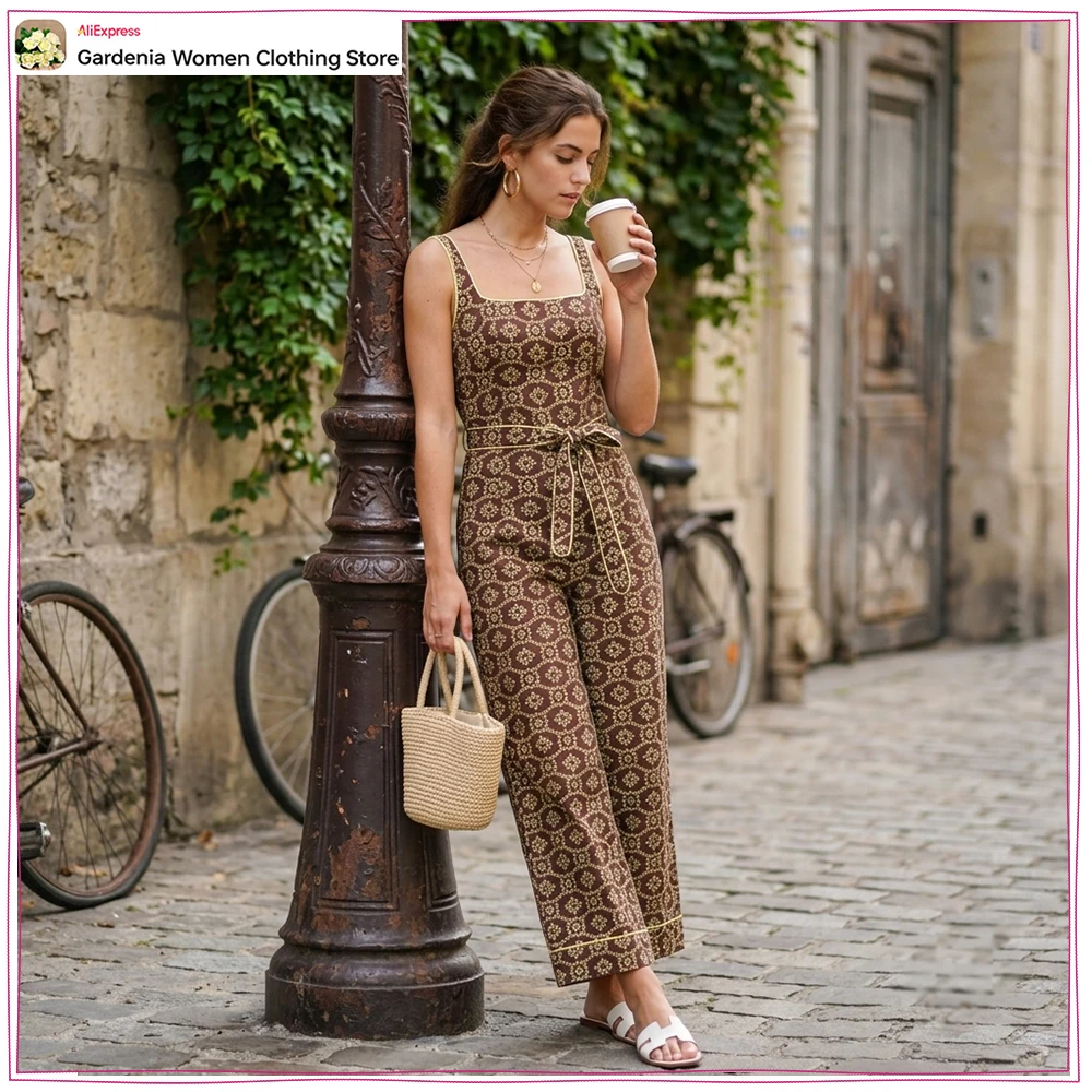 New in Summer Embroidered Eyelet Belted Jumpsuits for Women Elegant Chic Thin Strappy Straight Leg Jumpsuit Matching Fabric Belt