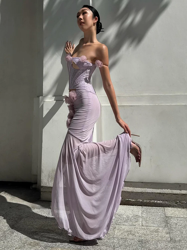 여성용 VC 플로럴 코르셋 메쉬 롱 드레스 – 컷아웃 뷔스티에 이브닝 드레스, 3D 로제트 슬림핏 머메이드 맥시 드레스