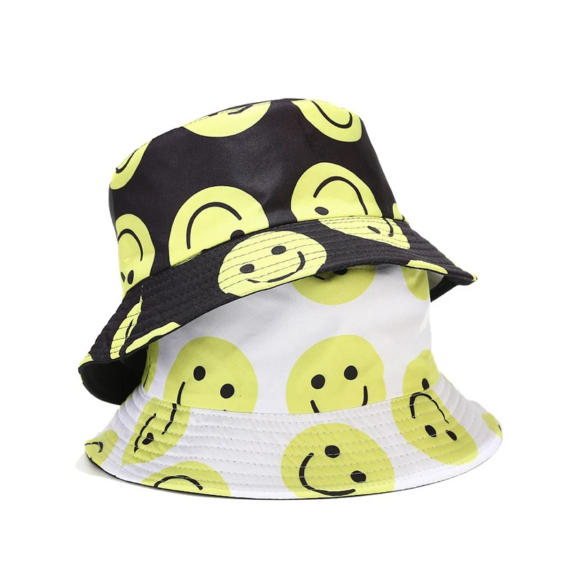 Top Smile Face Bucket Hat Reversible Fisherman Hats Foldable Polyester Unisex Black White Panama Caps Summer Beach Sun Hip Hop