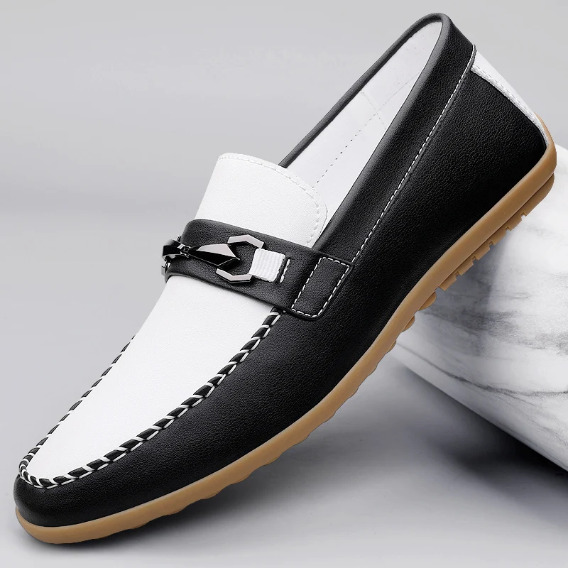 Fashionable Spring New Men Cowhide Soft Soled Bean Leather Shoes Brand Men's Color Blocking Comfortable Anti Slip Casual Loafers