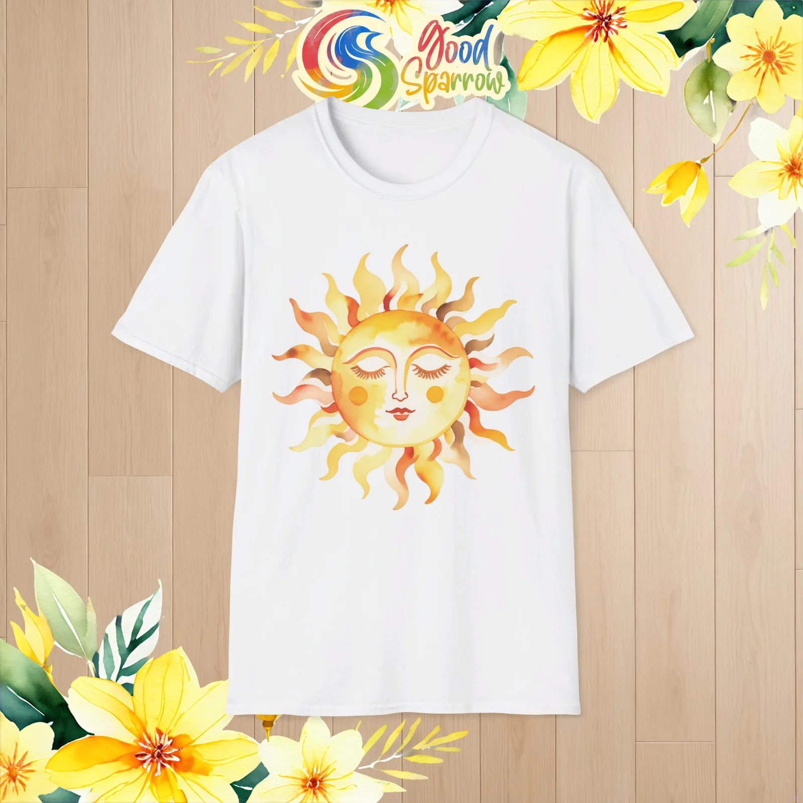 Comfortable Sixties Bohemian Sun T-Shirt, Watercolor Soft Casual Boho Cotton Top