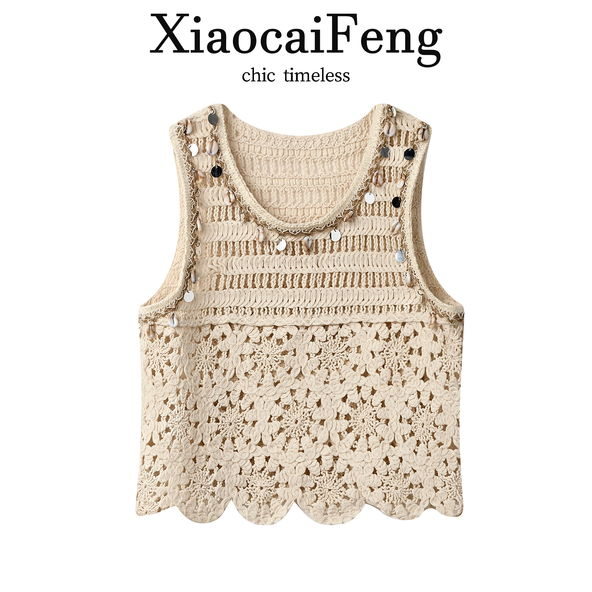 Bohemian Style Lace Knitted Hollow out Strap Vest Women's Summer Outerwear Unique Small Shirt Top Breathable Short Length