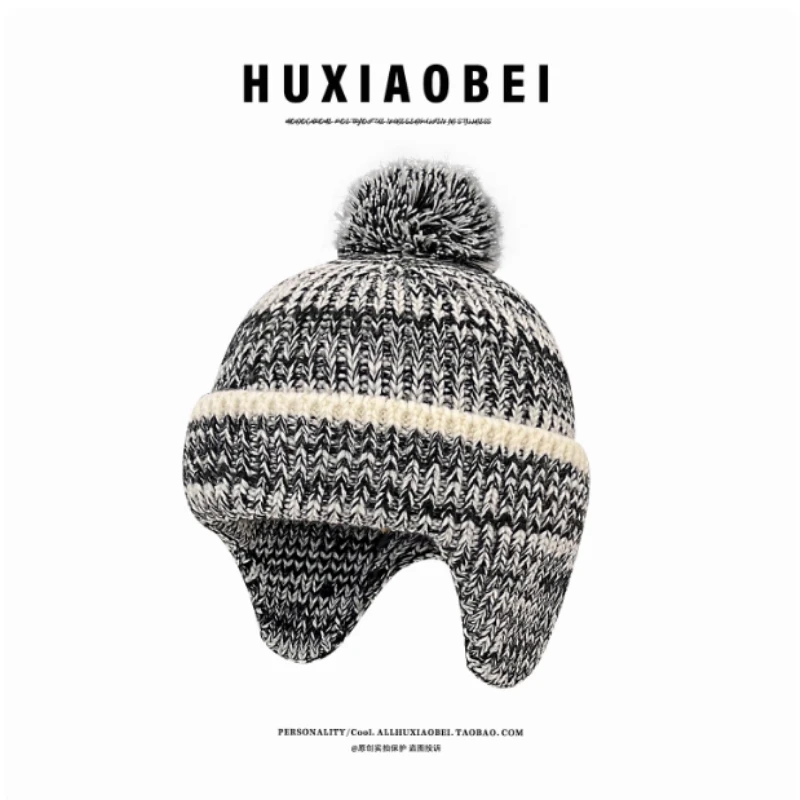 

Японские разноцветные меховые шарики с защитой ушей, вязаные шапки-бини для мужчин и женщин, осенние и зимние уличные теплые шапки-бомберы