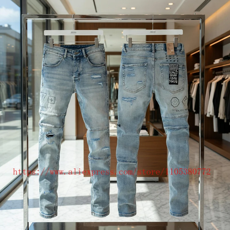 

Модные мужские джинсы-скинни 2026 года: светло-голубые, рваные, с панелями, из денима, в стиле High Street