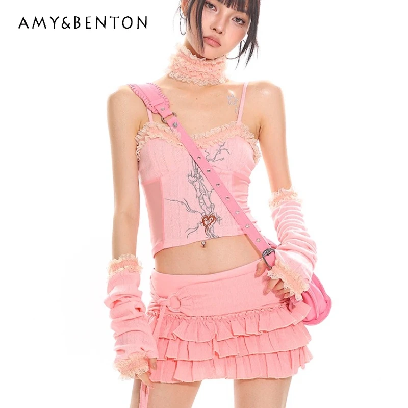 

Japanese Pink Embroidery Sweet Cool Hot Girl Mesh Women's Sling Original Design Cute Age-Reducing Cake Short Skirt Set Ladies