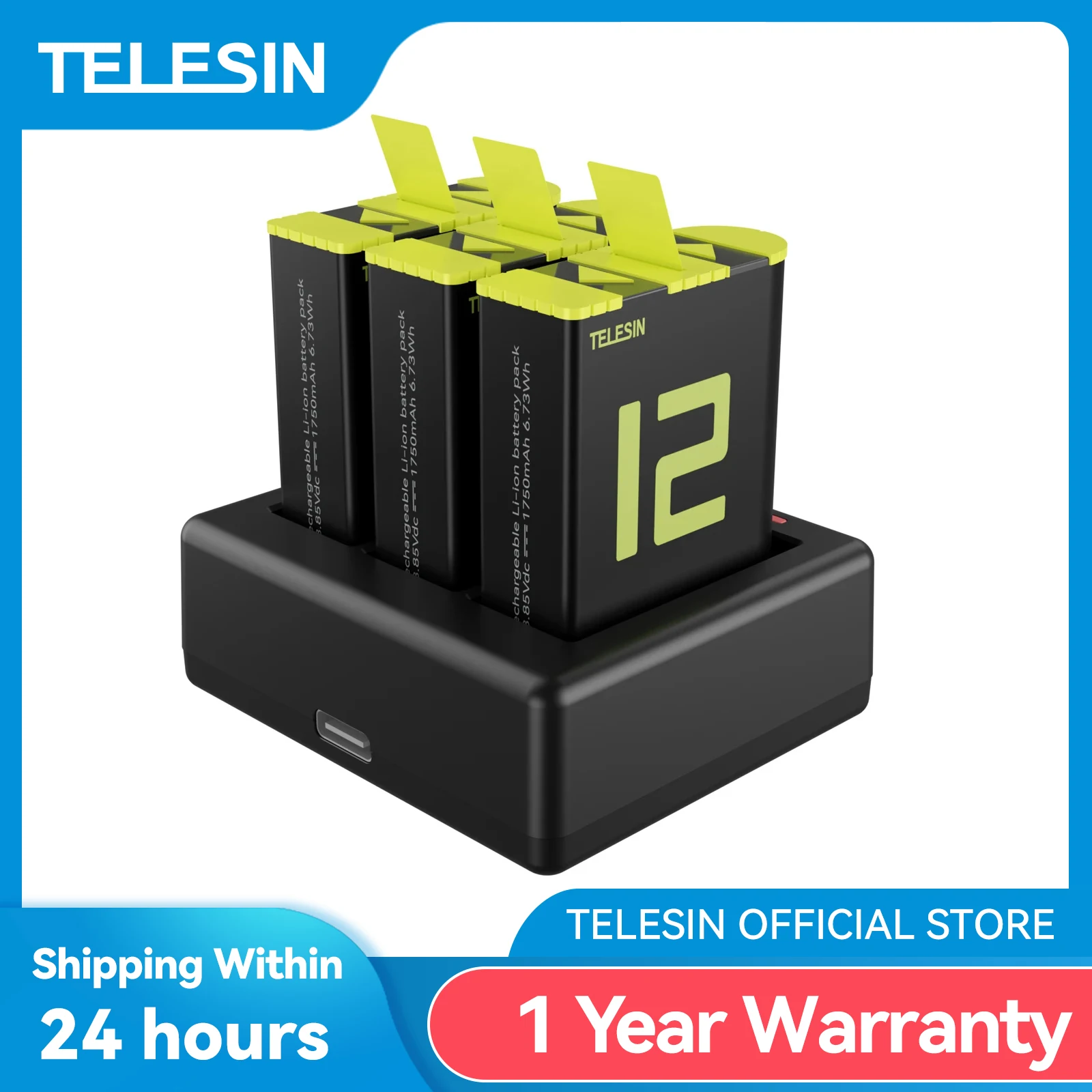 Telesin 2er Pack 1750mAh Akku für Gopro 12 11 10 9 3-Wege-Ladegerät LED-Licht aufladen für Gopro 12 Kamera zubehör