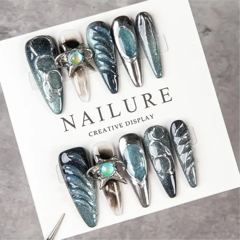 Handmade Long Stiletto Press On Nails Dark Teal Cat Eye 3D Planet Star Charms Fake Nails Metallic Wave Galaxy Gothic Reusable Fa