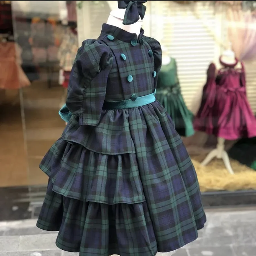 Baby Girl Autumn Green Plaid Vintage Spanish Princess Ball Gown Dress for Causal Party Holiday