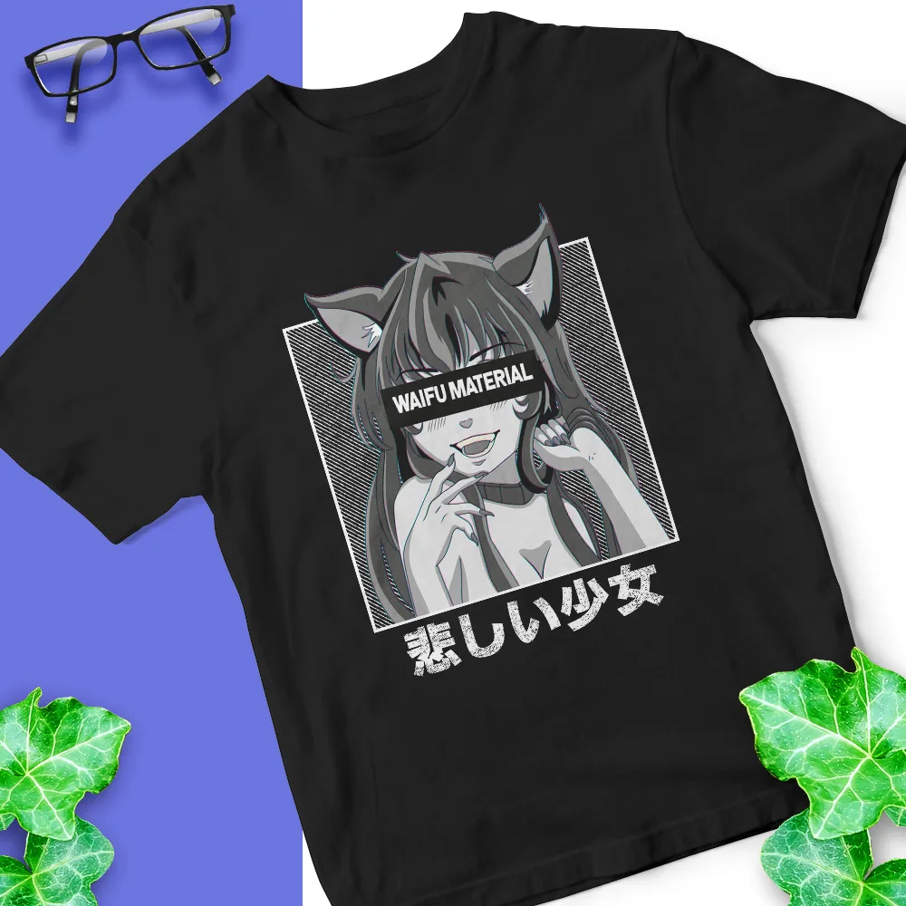 Hentai Waifu Material Anime Otaku T-Shirt Funny Black Tee Gift Trend For Men