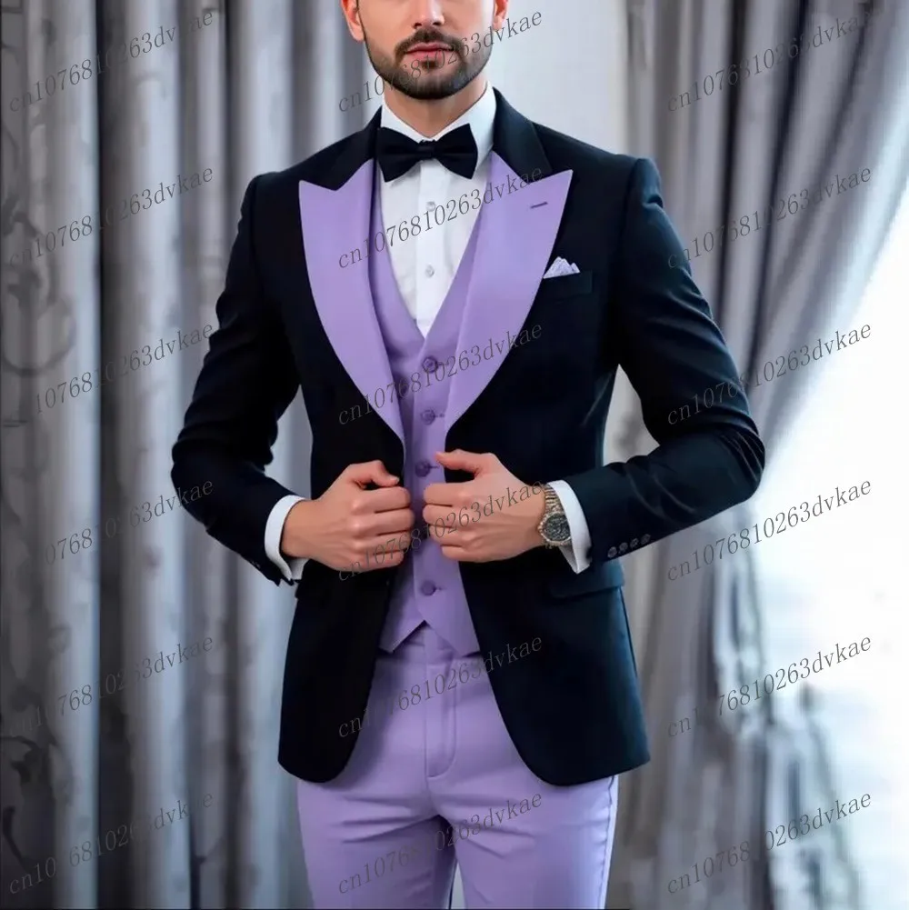 

New Purple And Black Formal Business Men Suit Groom Groomsman Wedding Party Prom Male Tuxedos 3 Piece Set Blazer Vest Pants