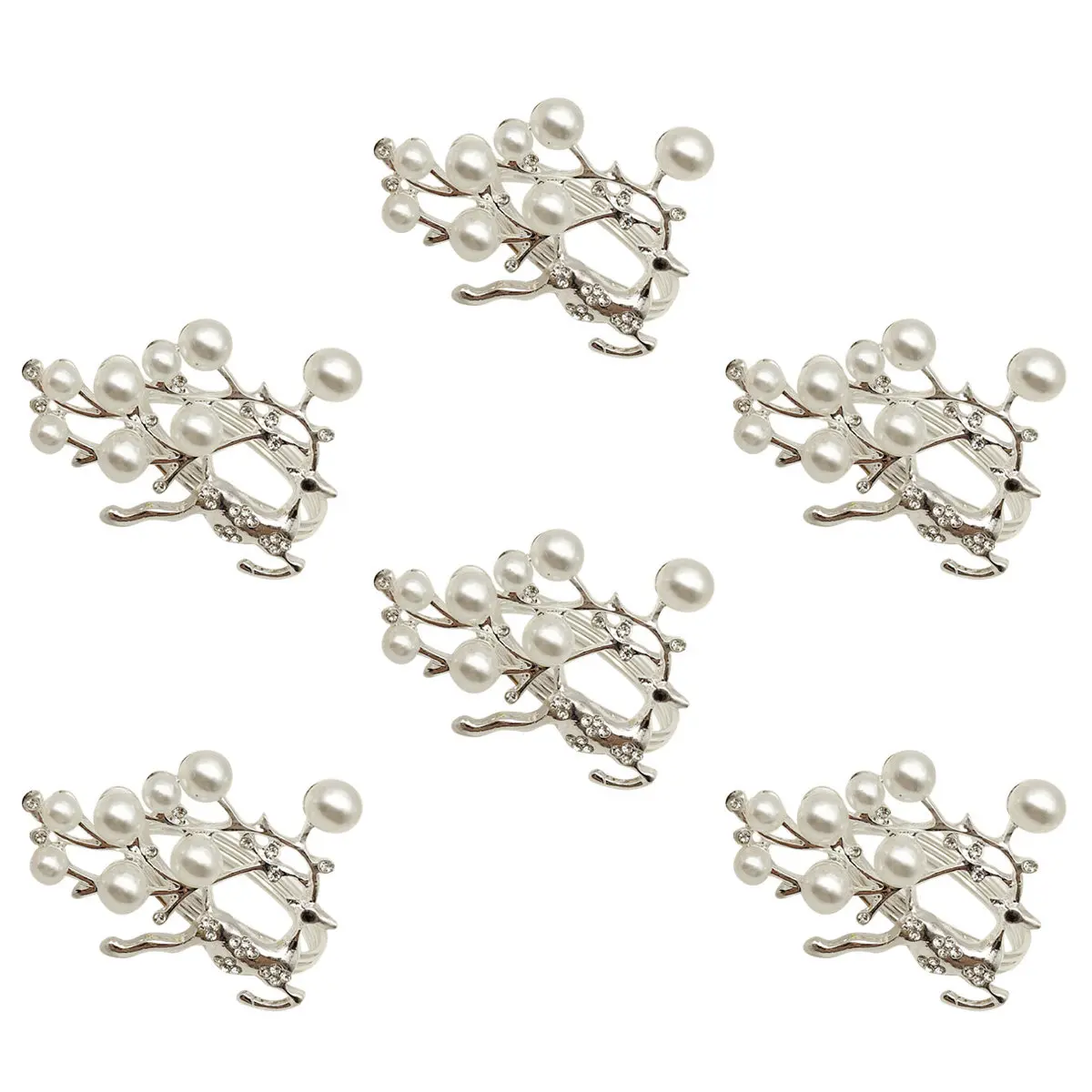 6Pcs Elegant Elk Design Napkin Rings Featuring Clear Rhinestones Pearl Embellishment Christmas Napkin Buckles for Wedding Bridal