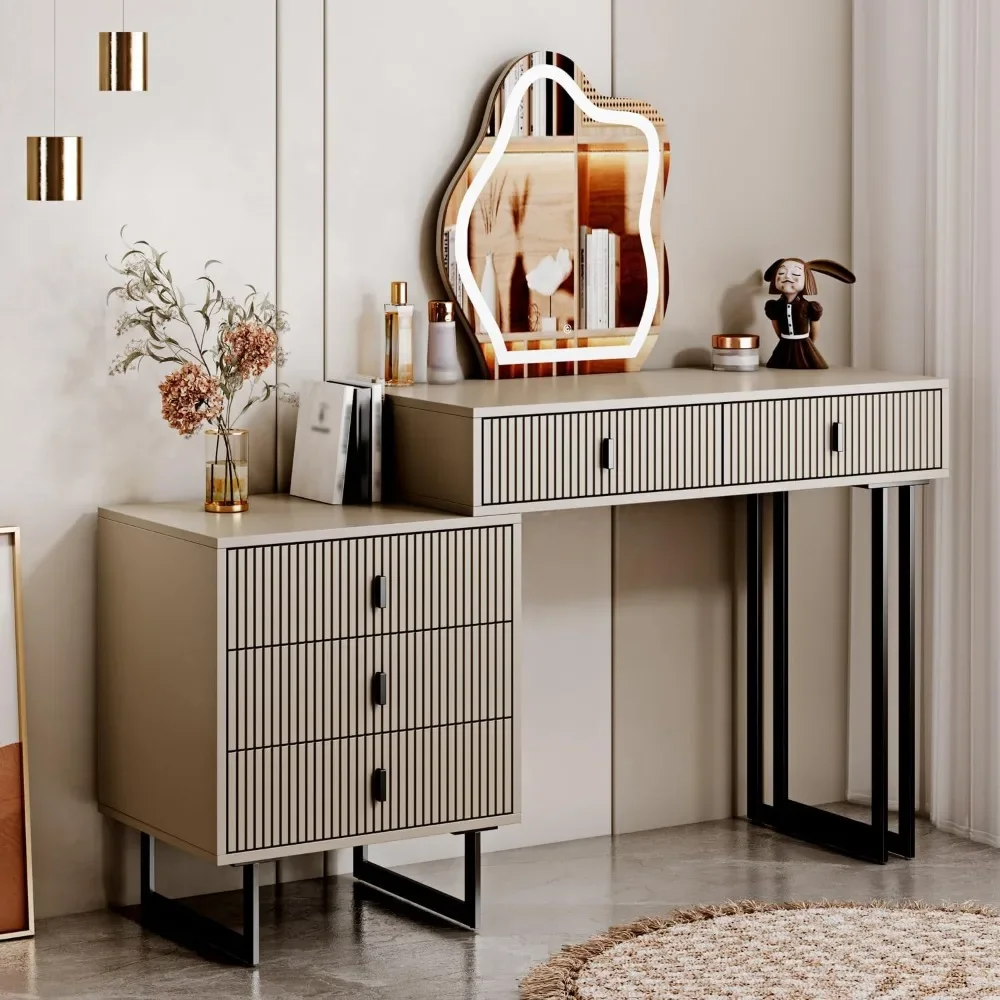 Makeup and dressing table with mirror and lamp，5 Large Drawer, 3 Color Lighting Modes with Adjustable Brightness, Dressers