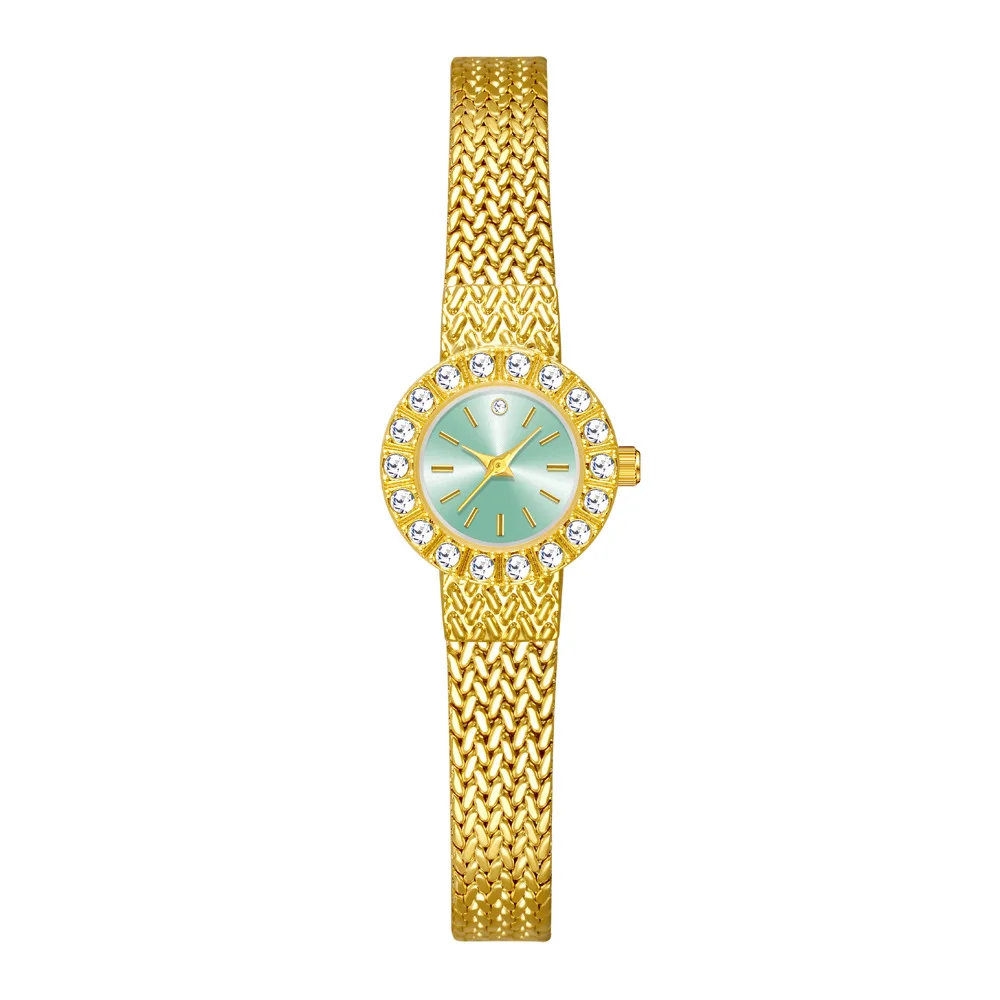 Reloj de cuarzo para mujer, Reloj de lujo dorado y plateado con banda de acero inoxidable, Reloj de pulsera con esfera pequeña Orologio verde azul claro para mujer