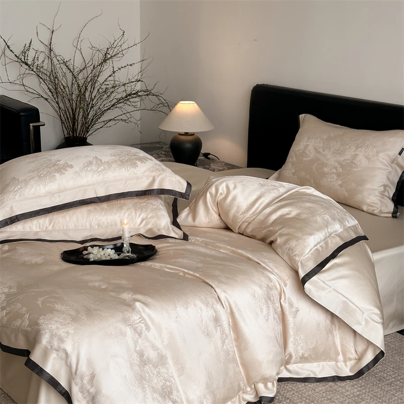 Luxury Lyocell Cotton Jacquard Bedding Set, Scenic Pattern Duvet Cover Set with Black Trim, Pillowcases & Bed Sheet/Fitted Sheet
