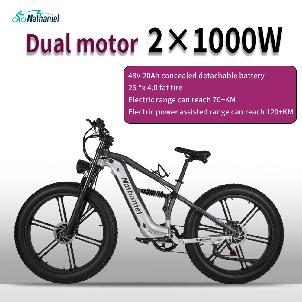 Nathaniel Snow&Sand E-Bike 2000W Dual Motor,26*4.0 Fat Tire,48V 20Ah Detachable Battery, 55KM/H, Soft-tail Mountain E-bike