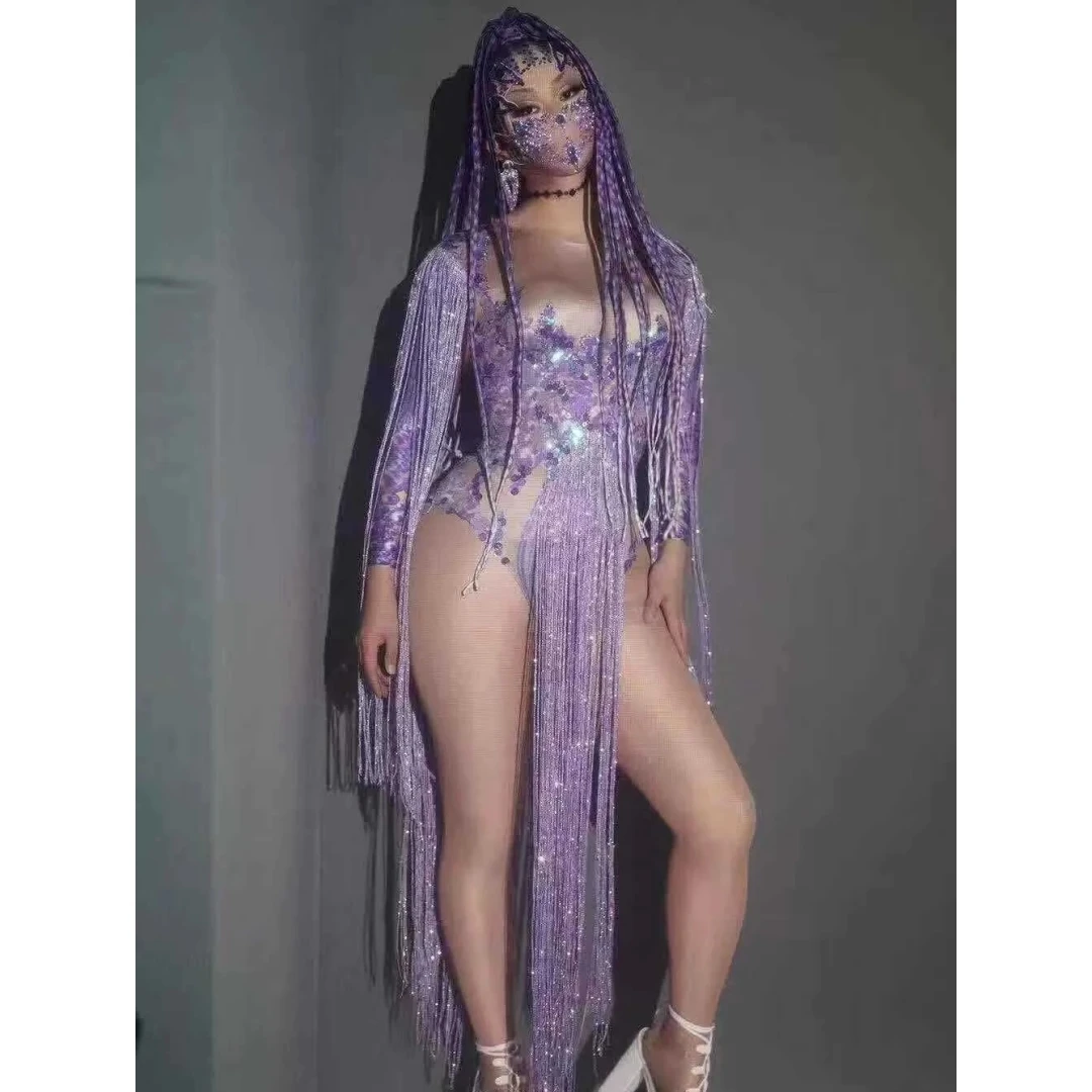 

Stock Women Sexy Long Sleeve Purple Sequin Tassels Elastic Bodysuit Singer Club Stage Performance Clothing Evening Party Wear