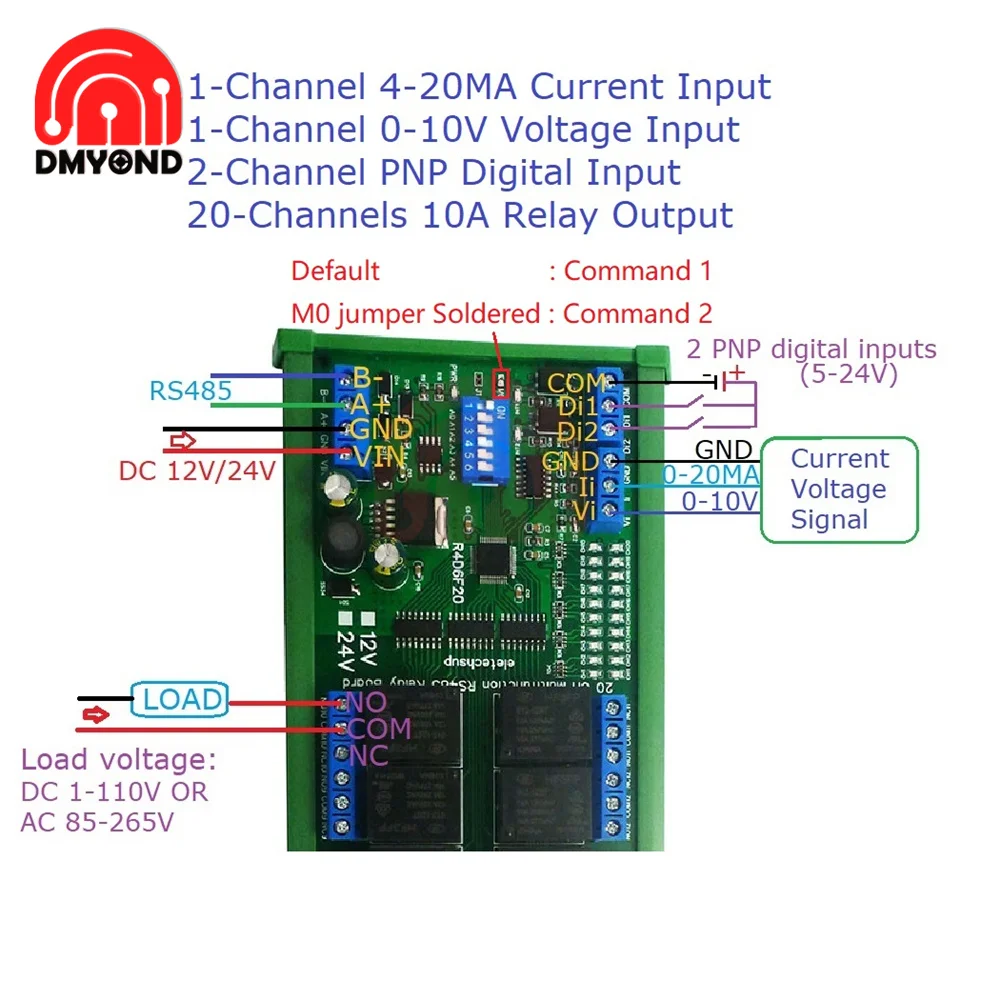 Relay Module 20ch RS485 Digital Analog Switch IO Module Modbus RTU PLC UART Expanding Board 4-20MA Current 10V Voltage Reading