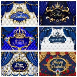 Happy Birthday Background Royal Crown Prince Golden Curtain Customize Name Party Gold Glitter Photo BackdropDecoration Supplies