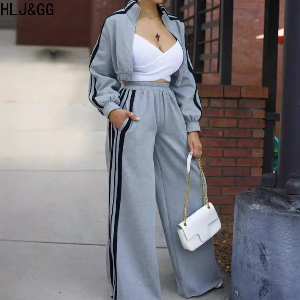 HLJ&GG Casual Stripe Print Wide Leg Pants Tracksuits Women Zip Long Sleeve Coat And Pocket Straight Pants Two Piece Sets Outfits