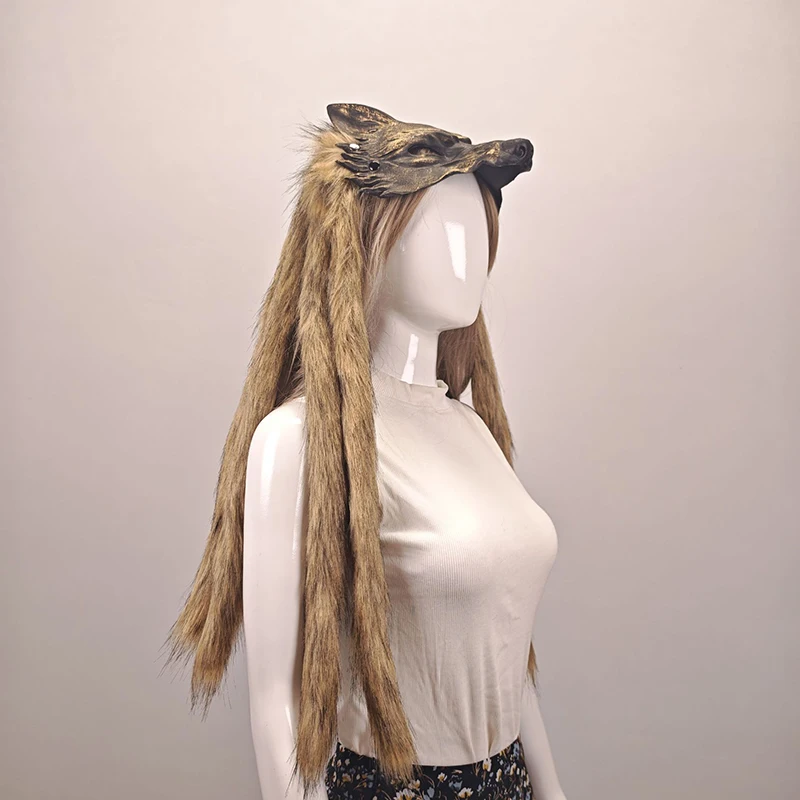 Retro Gothic Wolf Head Fur Cosplay Props Unisex Medieval Viking Tribal Style Faux Fur Headdresses Party Werewolf Costume 3