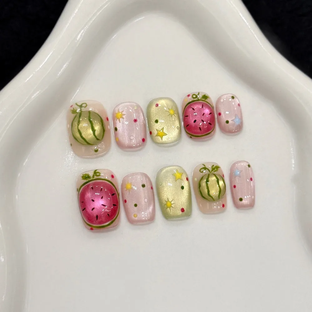 

Watermelon Cute Hand-Drawn Squishy Watermelon Cat Eye Doodle Handmade Nail Stickers