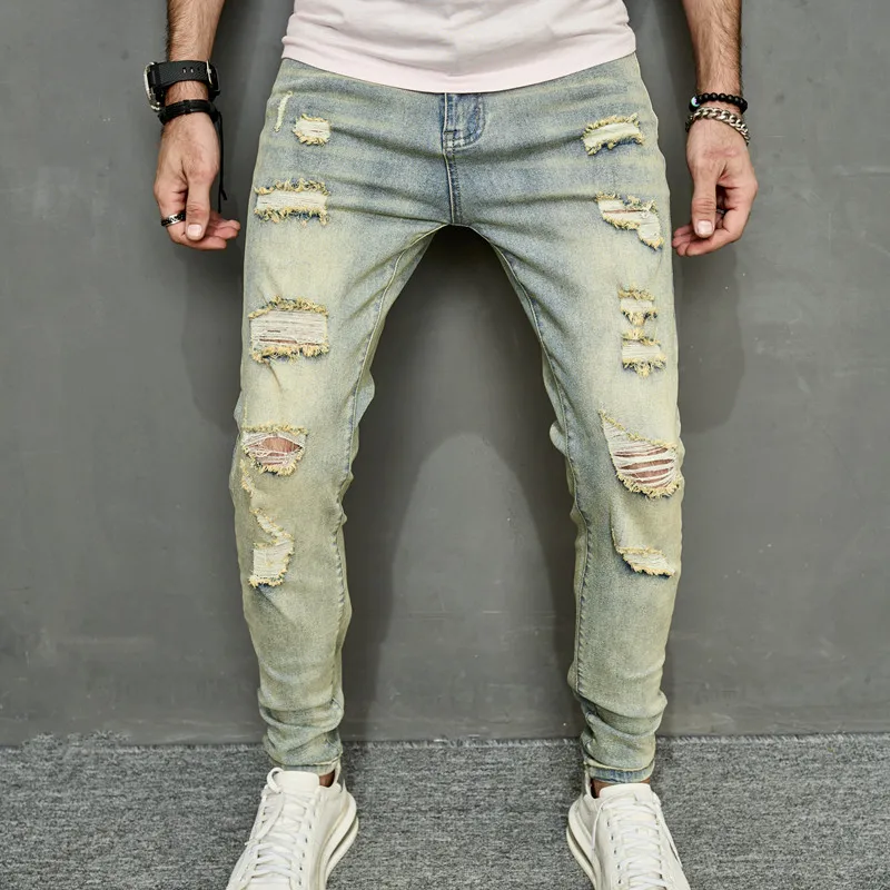 Spring Men Vintage Ripped Skinny Pencil Jeans Pants Hip Hop Stylish Holes Male High Street Slim Casual Denim Trousers