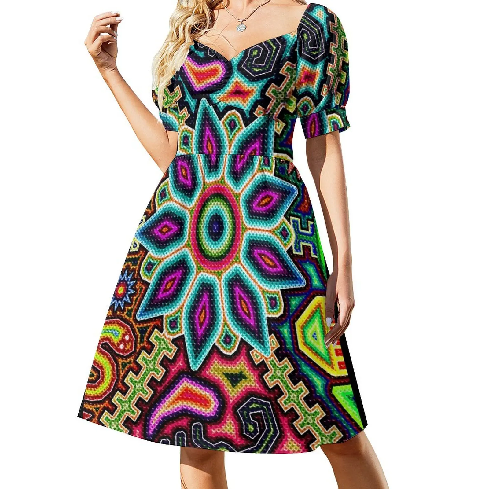 

Huichol Art Mexico Short Sleeved Dress Women's summer dresses women evening dress Dress