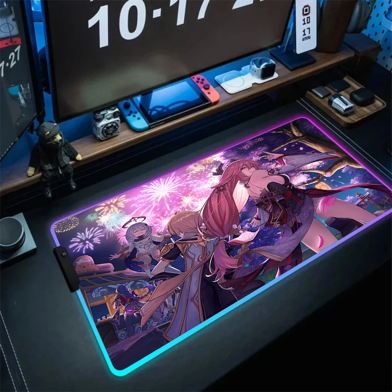 Genshin Impact RGB Mouse Pad Large Gaming Mousepad Xxl Mouse Mat Keyboard Computer Rubber Pads Carpet Backlit Desk Mat 900x400