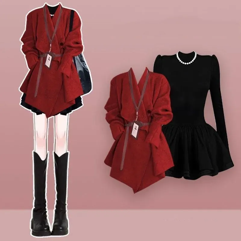 

Women's Winter New Fashion Knitted Sweater Coat+Short Dress Two Piece Suit Korean Elegant Cardigan+Sexy Mini Skirt Matching Set