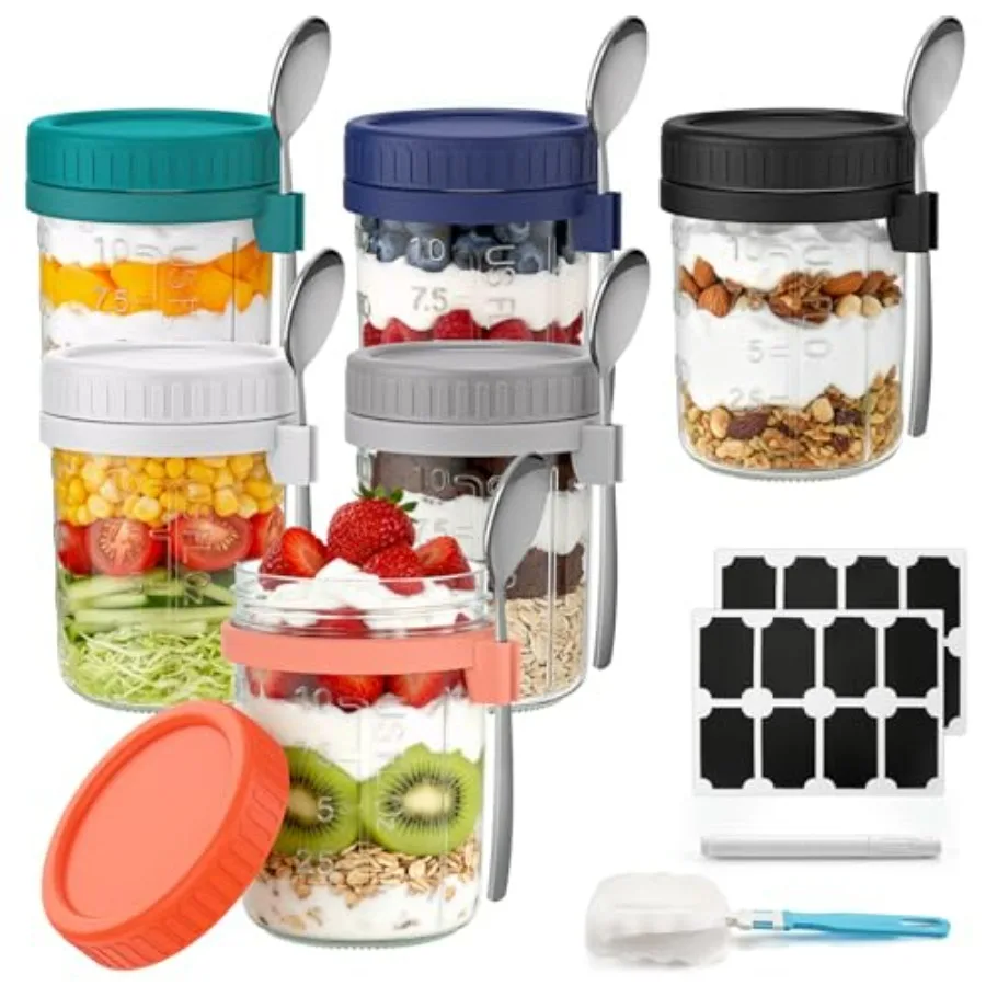

Набор из 6 герметичных контейнеров для овсянки на ночь объемом 16 унций с крышками и ложками, прозрачные пластиковые банки без BPA с мерными отметками для хранения