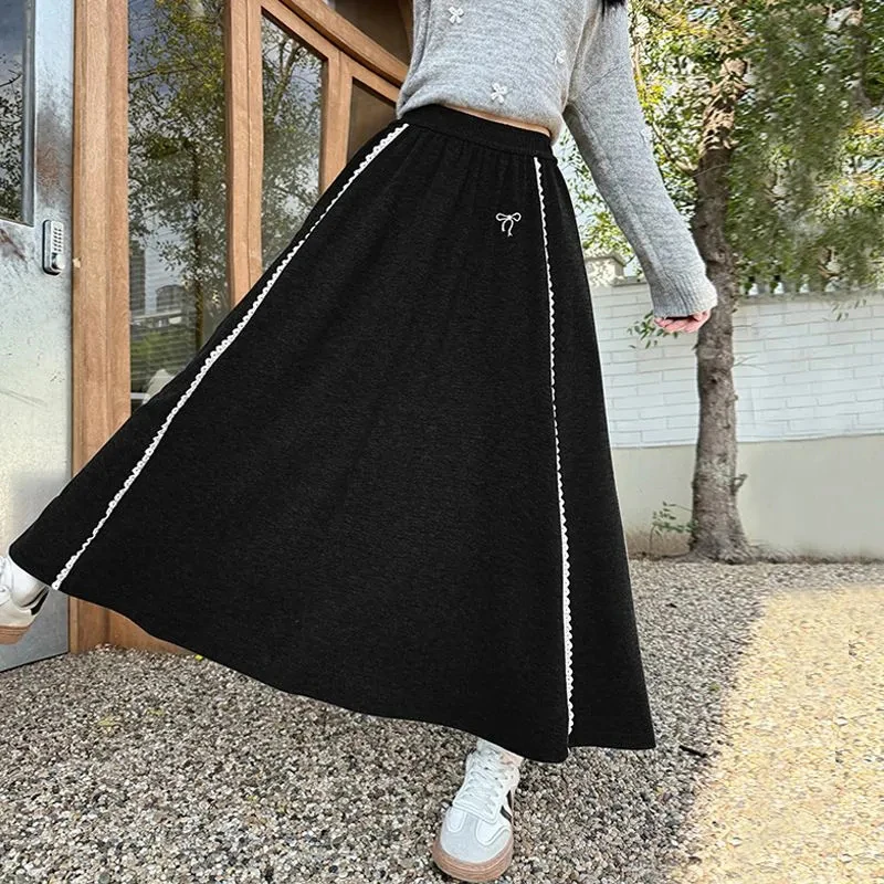 

Bow Lace Patchwork Skirt Draped High Waist Thick Grey Minimalist Skirt Fashion Classic Preppy Sweetheart Elegance Skirt