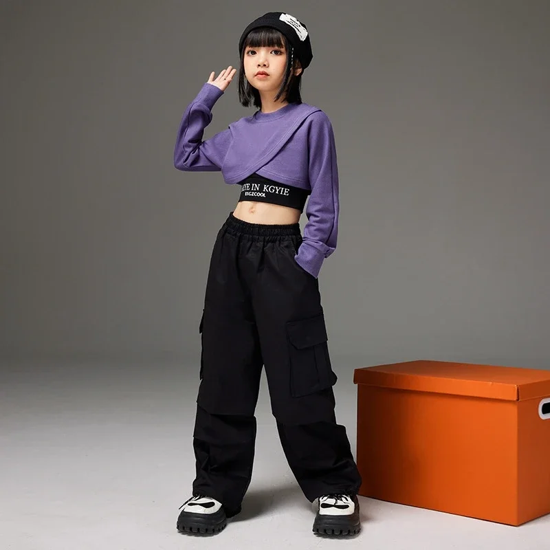 

Hip Hop Girls Clothing Sets Purple Long Sleeve T Shirt Crop Tops Black Cargo Pants for Kids Performance Modern Dancing Costumes