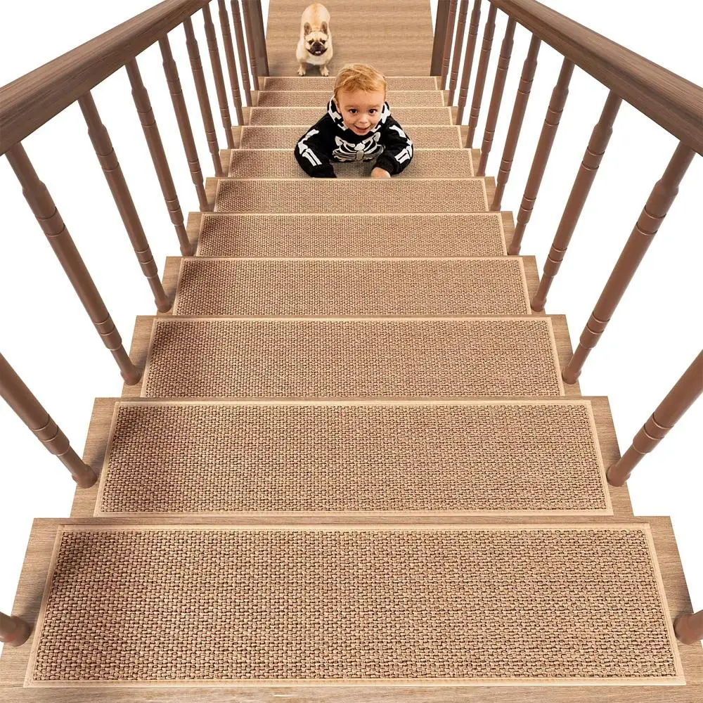 Non-Slip Rubber Backing Stair Treads Wooden Steps 15PCS Residue-Free Carpet Kids and Dogs Beige 8