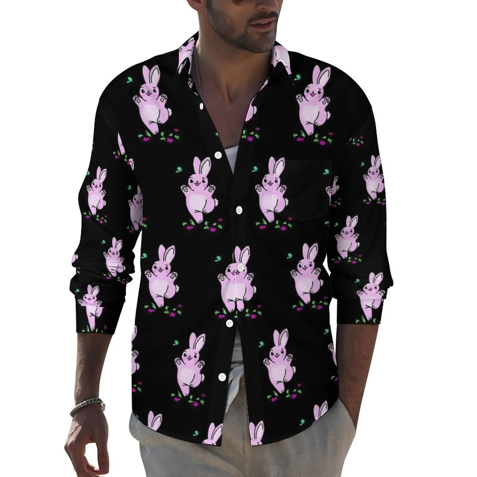 Pink Rabbit Casual Shirts Man Funny Bunny Shirt Long Sleeve Vintage Y2K Blouses Autumn Custom Tops 3XL 4XL