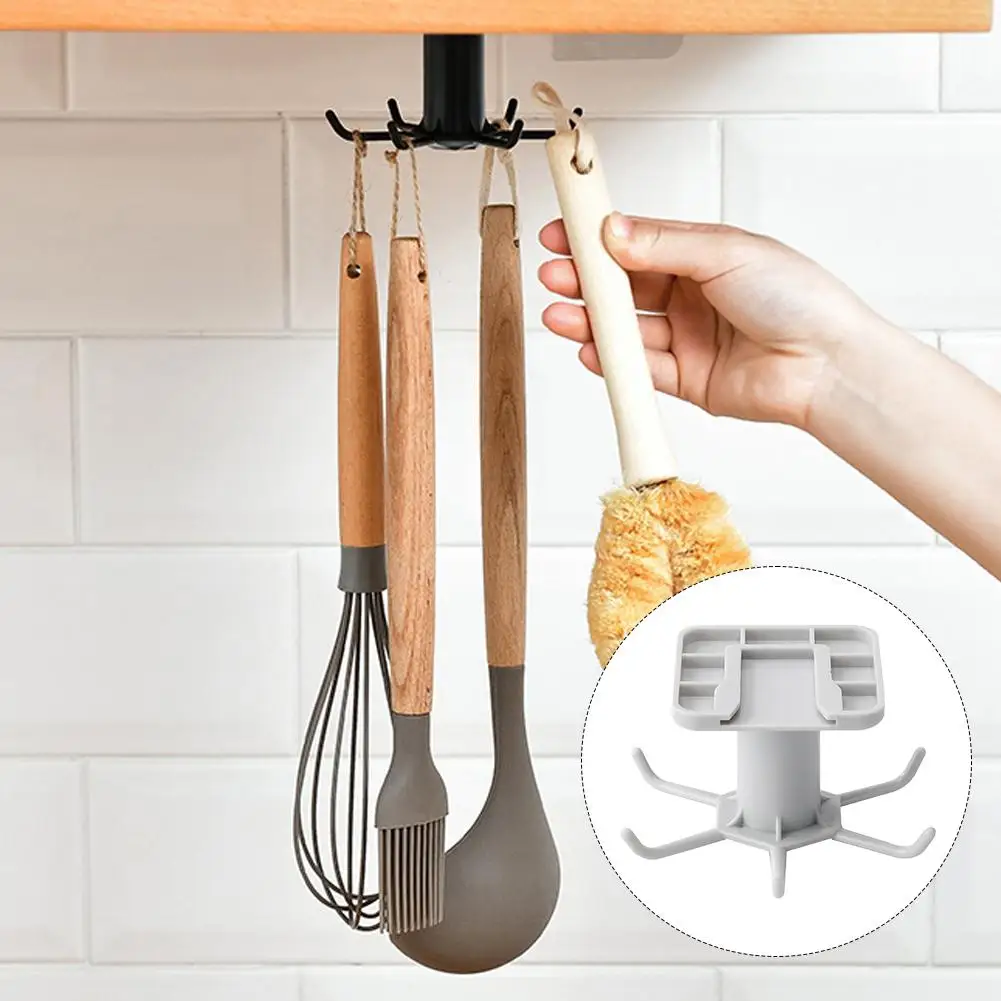 No Drill 360° Rotating Hook 6 Claw Kitchen Organizer RackUnder Cabinet Rotatable Hook For Spoon Brush Spatula House Accessories