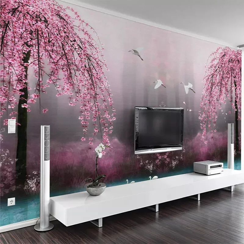 3D Pink Cherry Blossom Foto Wallpaper, Custom Murais Wallpaper, Swan Lake Cenário, Sala, TV, Sofá, Fundo Quarto