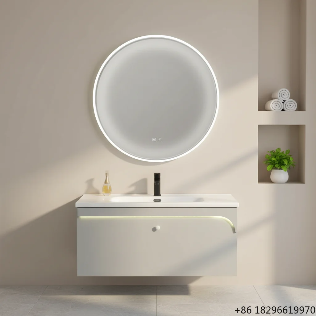 

Modern LED Bathroom Mirror Waterproof Floating Vanity Cabinet Ceramic Basin Solid Wood Furniture For Home Hotel Bathroom