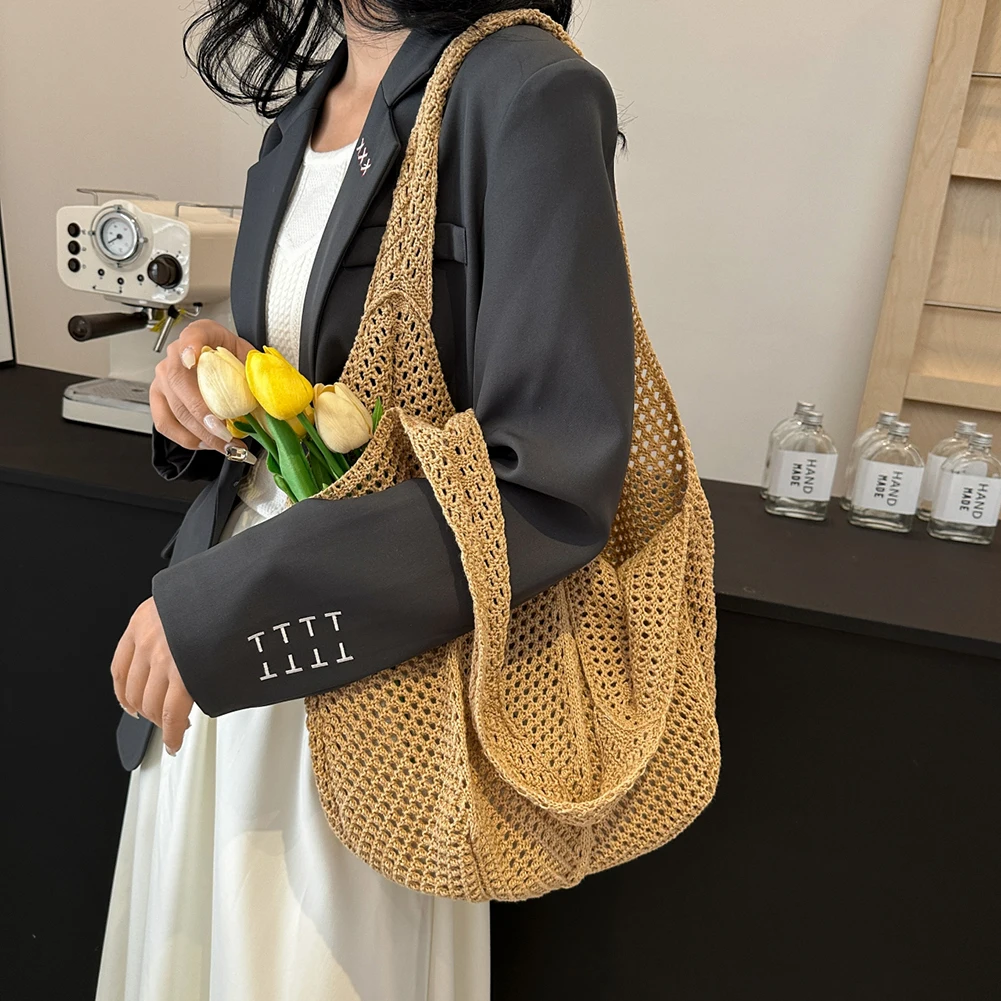 

Women Hollow Out Tote Bag Fashion Knitted Handbags Large Capacity Woven Shoulder Bags Solid Color Bucket Bags for Summer Travel