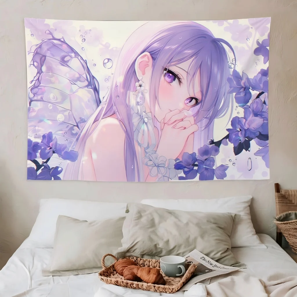 Pastel Purple Anime Butterfly Wing Fairy Girl Tapestry Wall Hanging Polyester Bedroom Dorm Background Kawaii Room Decor Gift