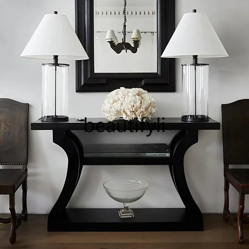 

A38 French antique black entrance table solid wood foyer aisle retro entrance table against the wall, entrance cabinet