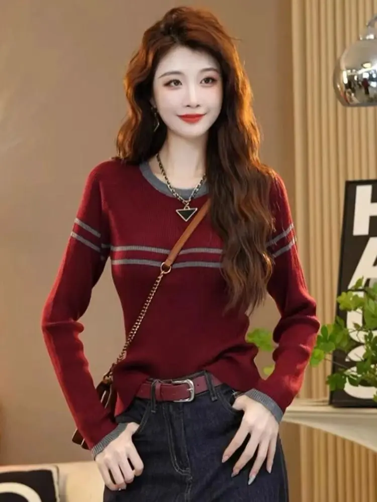 New Striped Knitted Sweater Slimming Korean Version Versatile and Western-style Base Shirt Niche Internet Celebrity Round Neck