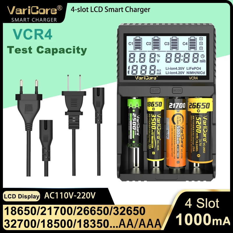 

VariCore VCR4 Test Capacity Smart Battery Charger for 3.7V Li-ion 18650 21700 26650 18350 3.2V LiFePO4 32700 1.2V Ni-MH AA AAA