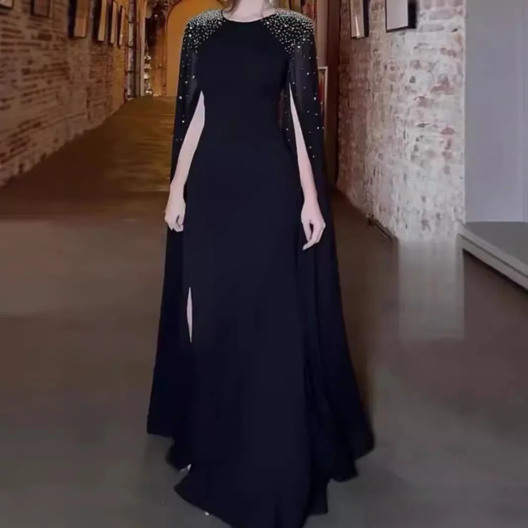 

Arabic Black Evening Dress A Line O Neck Glitter Women Vestidos de Noche Morden Beading Sequin Prom Party Gowns for Formal