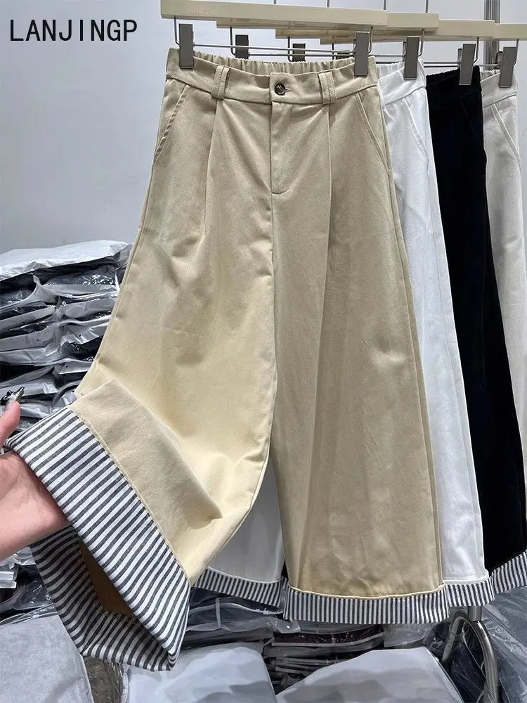 Korean design striped rolled-edge wide-leg pants women's pants new retro loose straight nine-point casual long pants