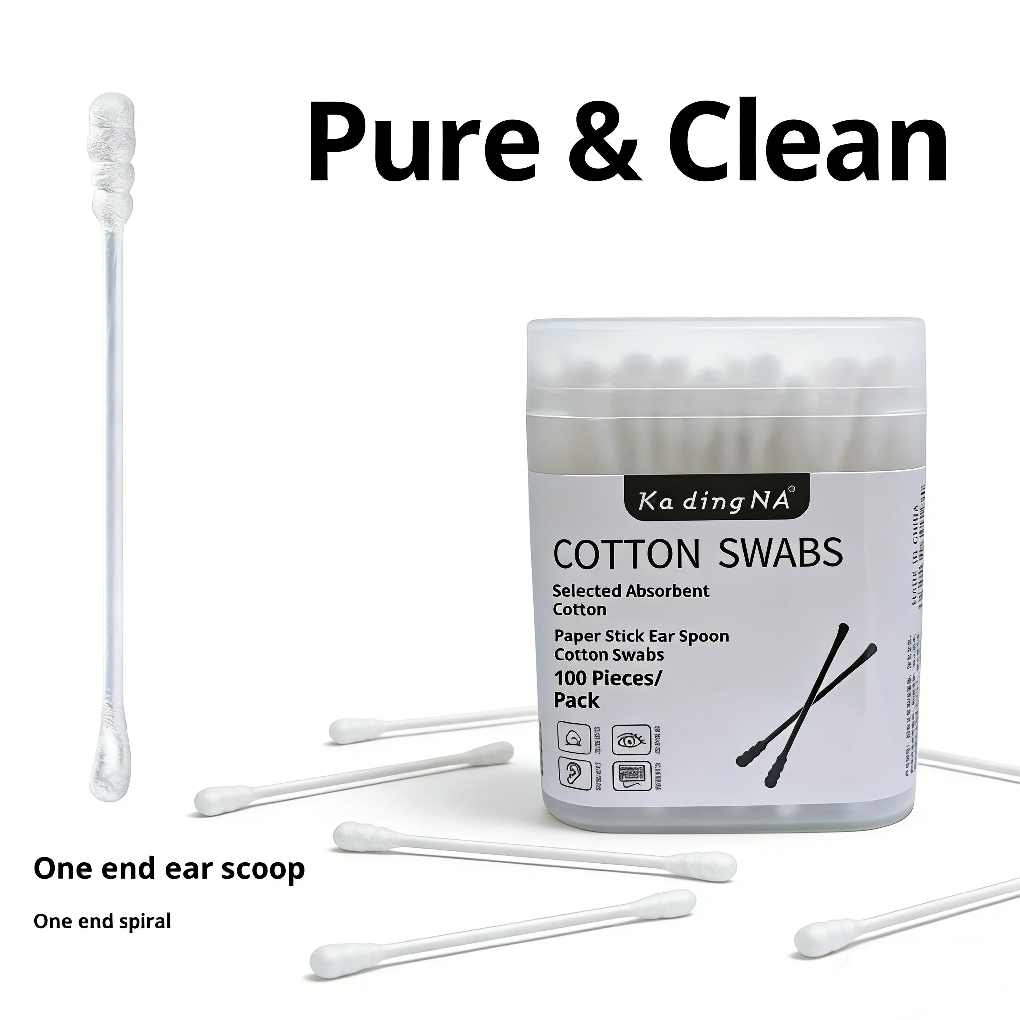 100 pieces of dual-headed cotton swabs with spiral cotton tips and ear pick design, ensuring cleanliness and hygiene.