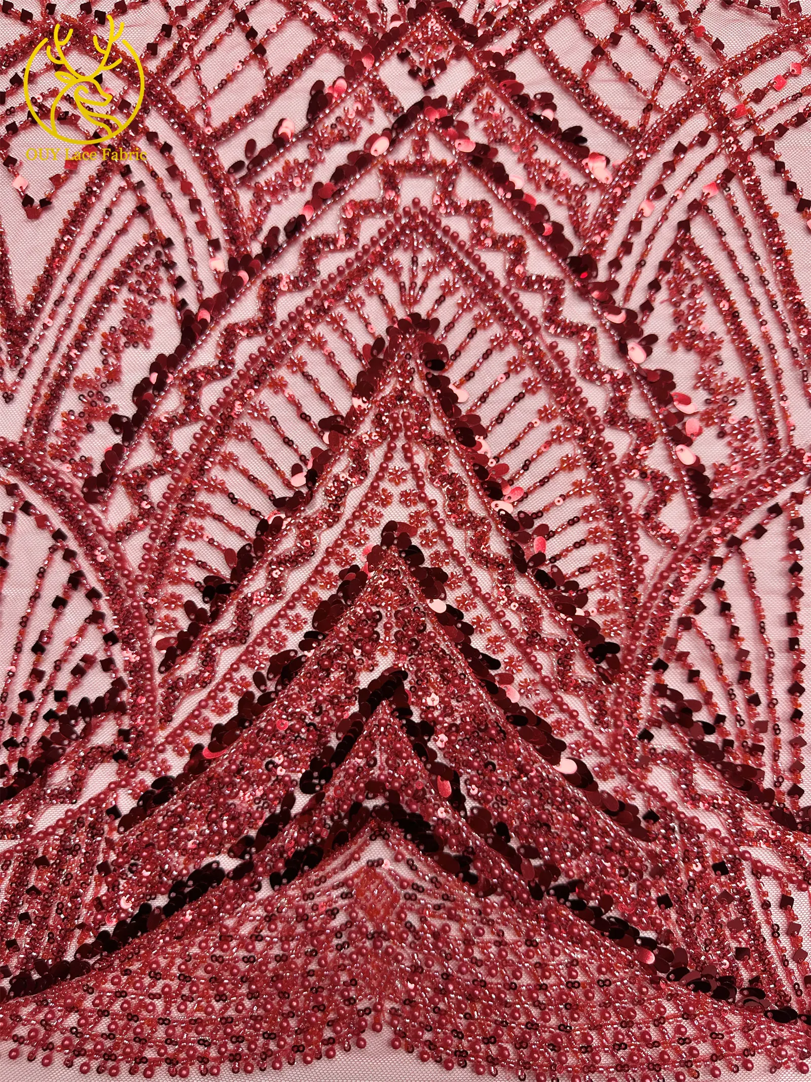 Roter afrikanischer Perlen-Spitzenstoff 2026, hochwertiger französischer nigerianischer Pailletten-Spitzenstoff für Damen, Hochzeit, Party, Kleid, Nähen – Detail 11