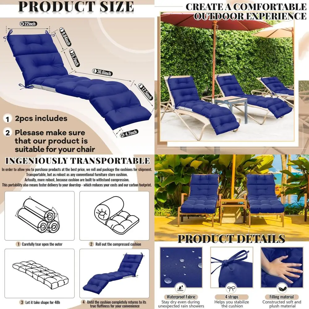 

Pair of 75x22x5 Dark Blue Chaise Lounge Cushions for Spring/Summer, Suitable for Indoor and Outdoor Use