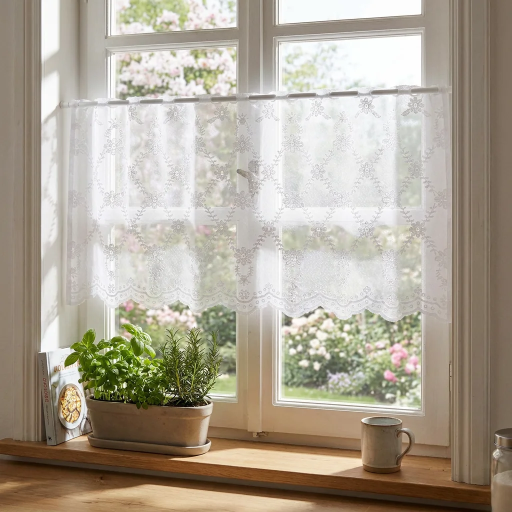1pc Fresh Rural Diamond-Shaped Lace Curtain Half Length Wave-Like Trim for Kitchen Bay Window Small Window Short Curtain